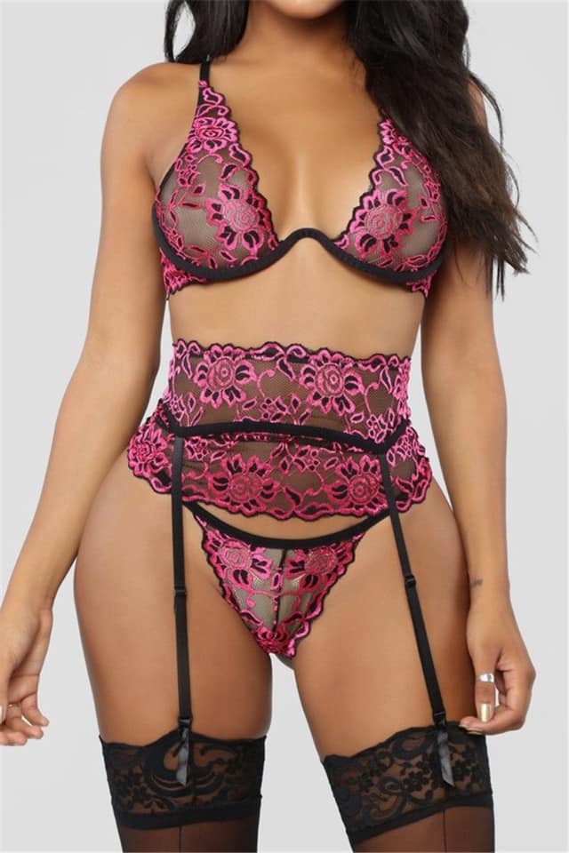 Pink and Black Lace & Satin Burlesque Lingerie Set